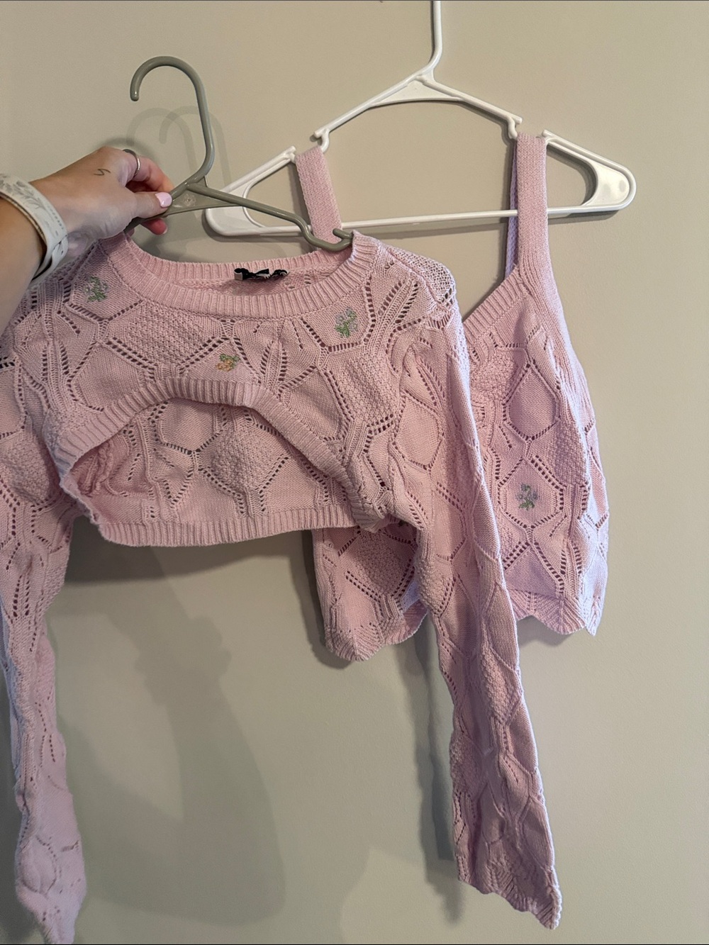 Soft Pink Openwork Knit Crop Tank & Bolero Set